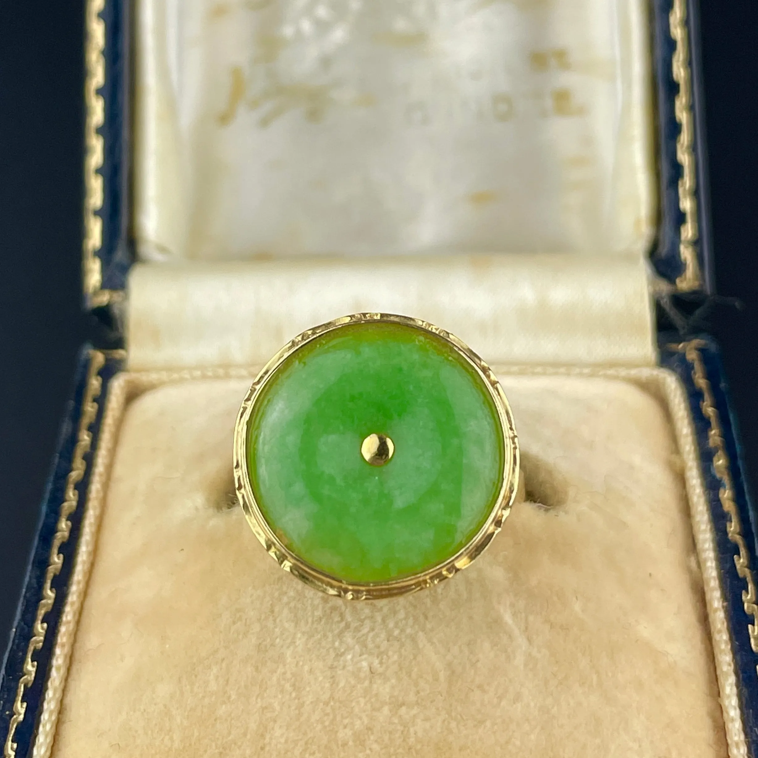 14K Gold Jade Disc Vintage Statement Ring, Sz 6