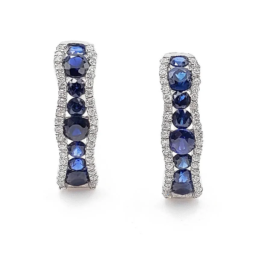 14K White Gold Diamond Blue Sapphire Huggie Earrings