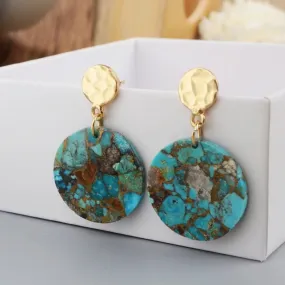 18K Gold Plated Copper Turquoise Round Disk Drop Earrings