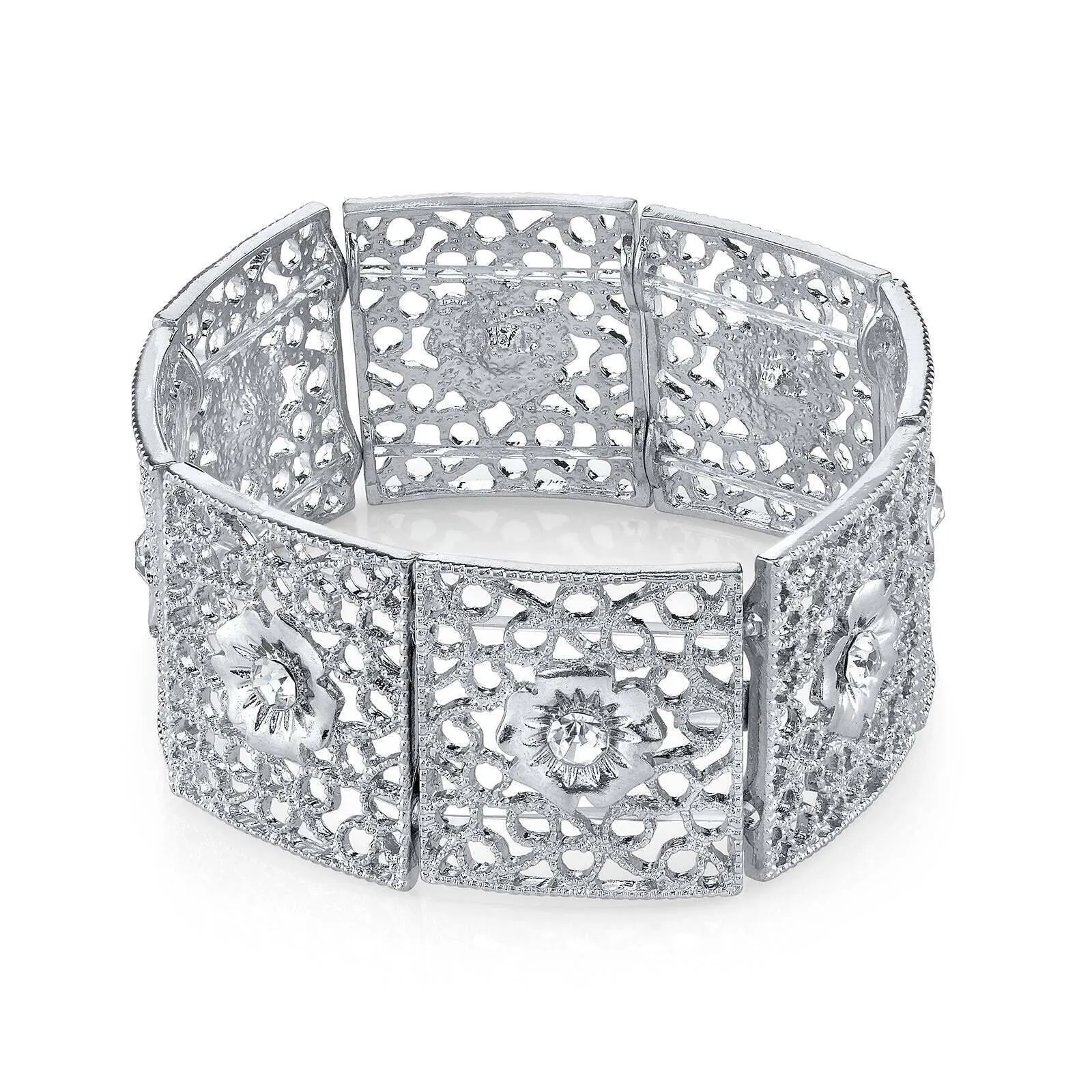 1928 Jewelry Square Filigree Flower Crystal Stretch Bracelet