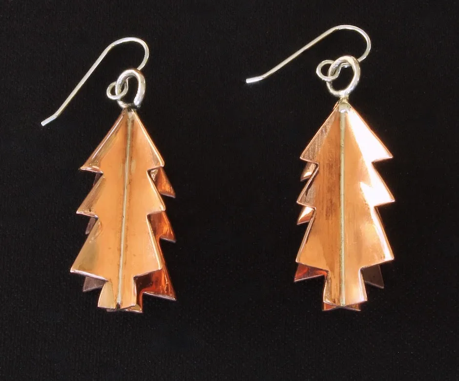 3D Polished Copper Christmas Tree Earrings with Sterling Silver Earring Wires