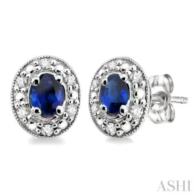 4x3MM Oval Shaped Sapphire and 1/10 Ctw Single Cut Diamond Earrings in 10K White Gold