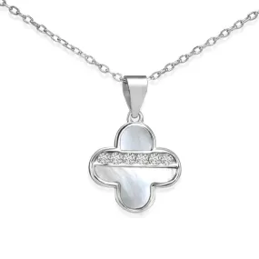 925 Sterling Silver Four Leaf Clover, Mother Of Pearl Design, With CZ Stones, Adjustable Necklace 18"-20"