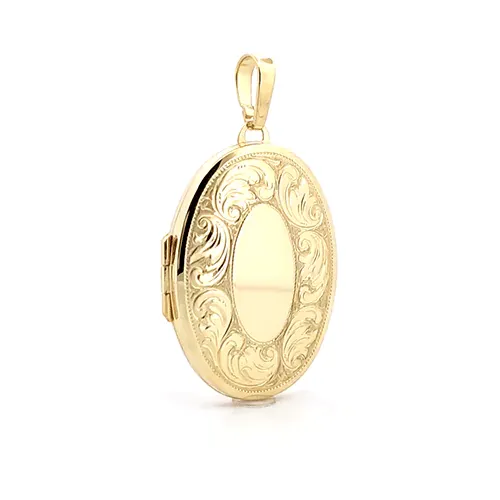 9ct Yellow Gold 2 Picture Oval Shaped Engraved Locket Pendant Necklace