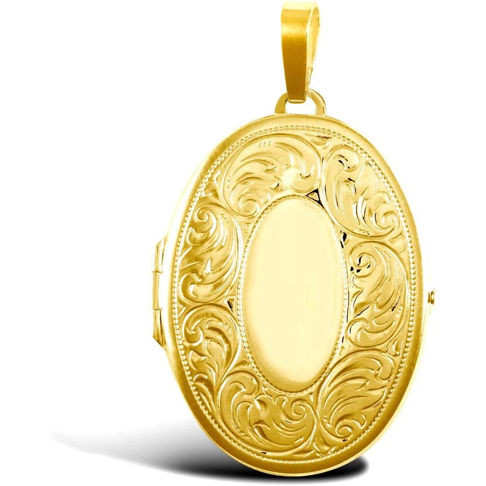 9ct Yellow Gold 2 Picture Oval Shaped Engraved Locket Pendant Necklace