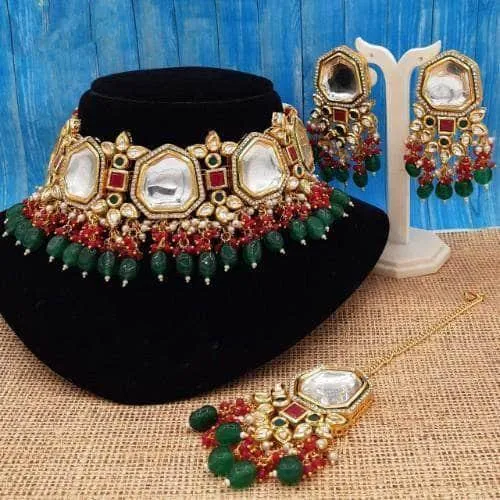 Abstract Shape Kundan Choker Earring And Teeka Set