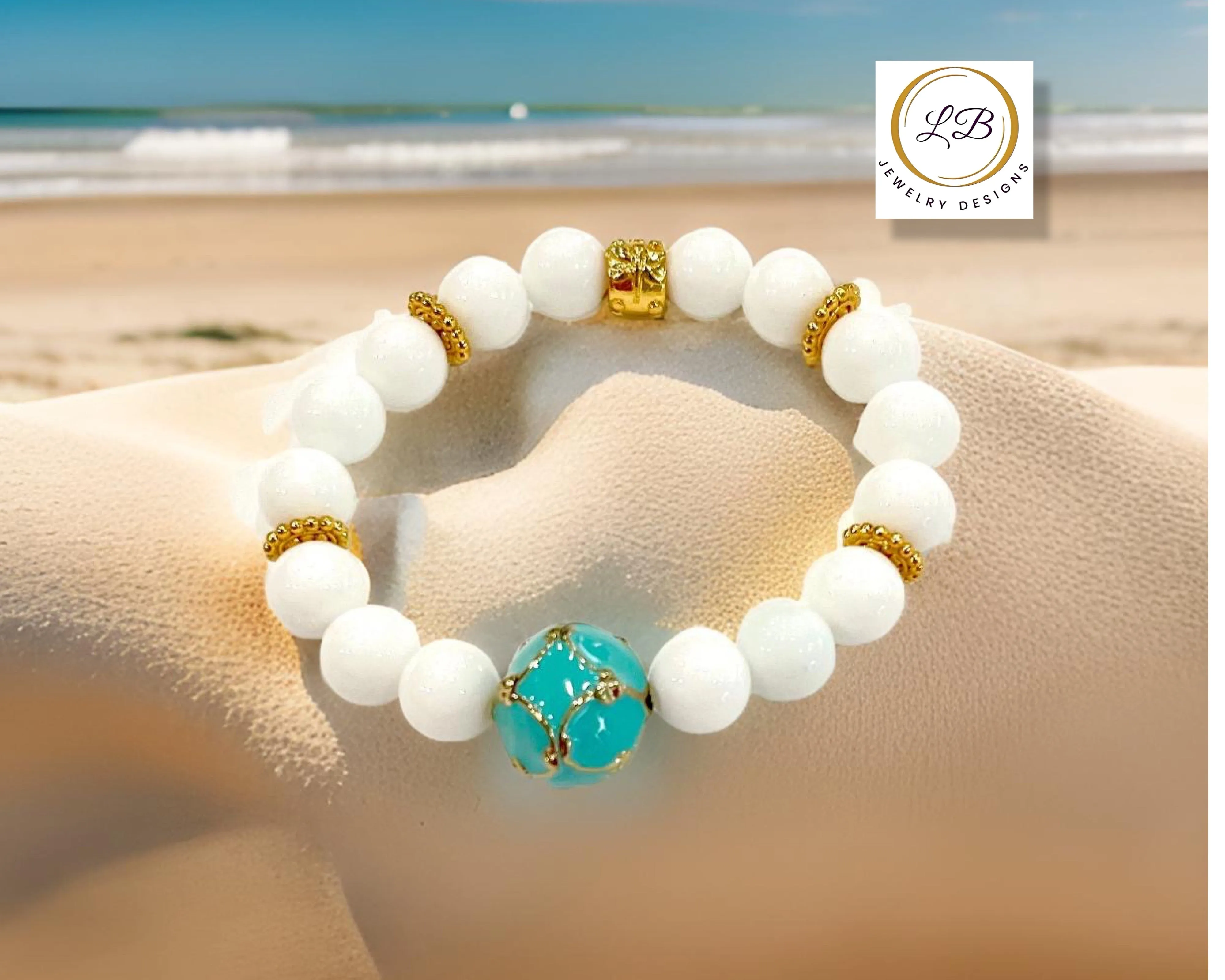 Alabaster & Turquoise Gemstone Enamel Beaded Bracelet