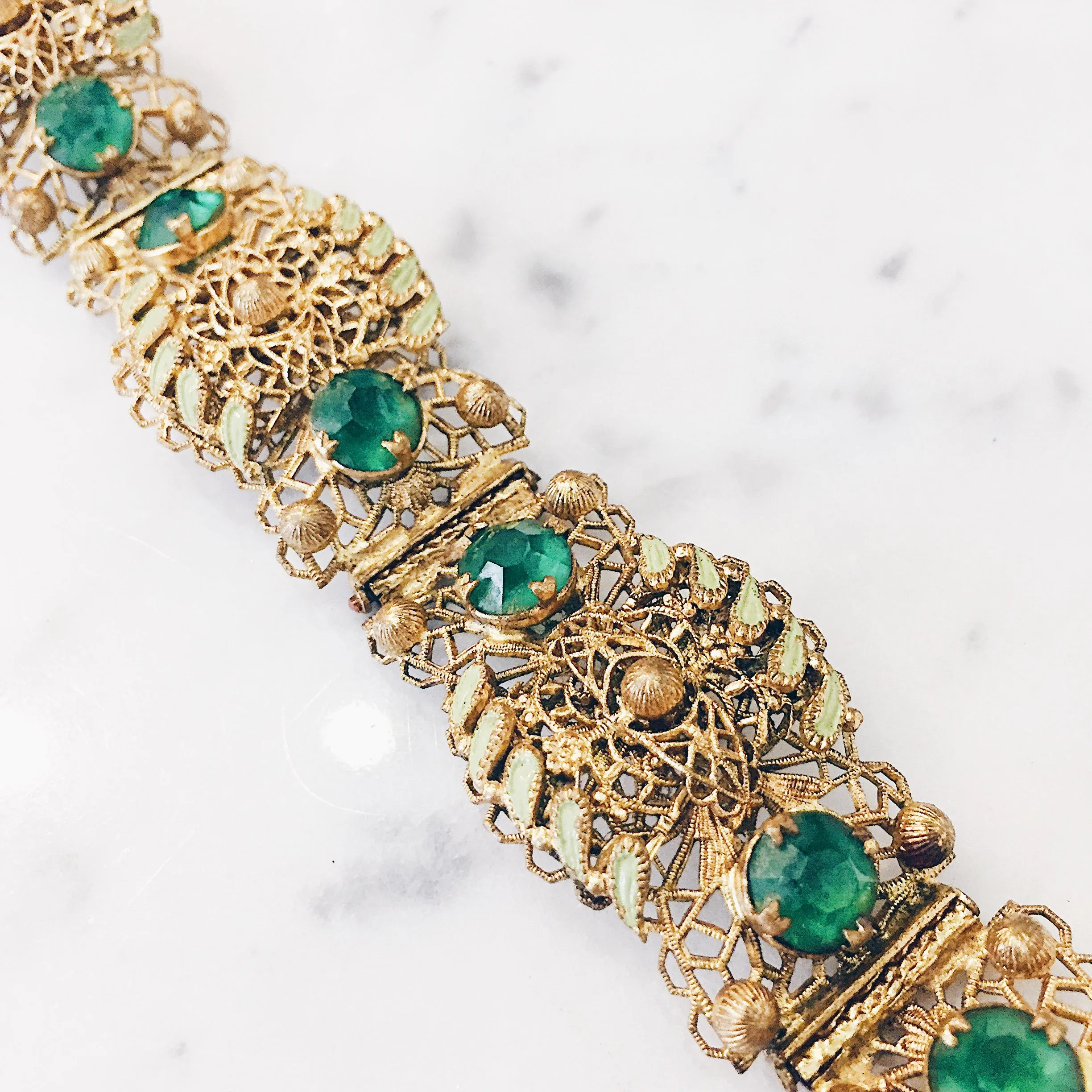 Antique Czech Goldtone Green Crystal Leaf Filigree Bracelet