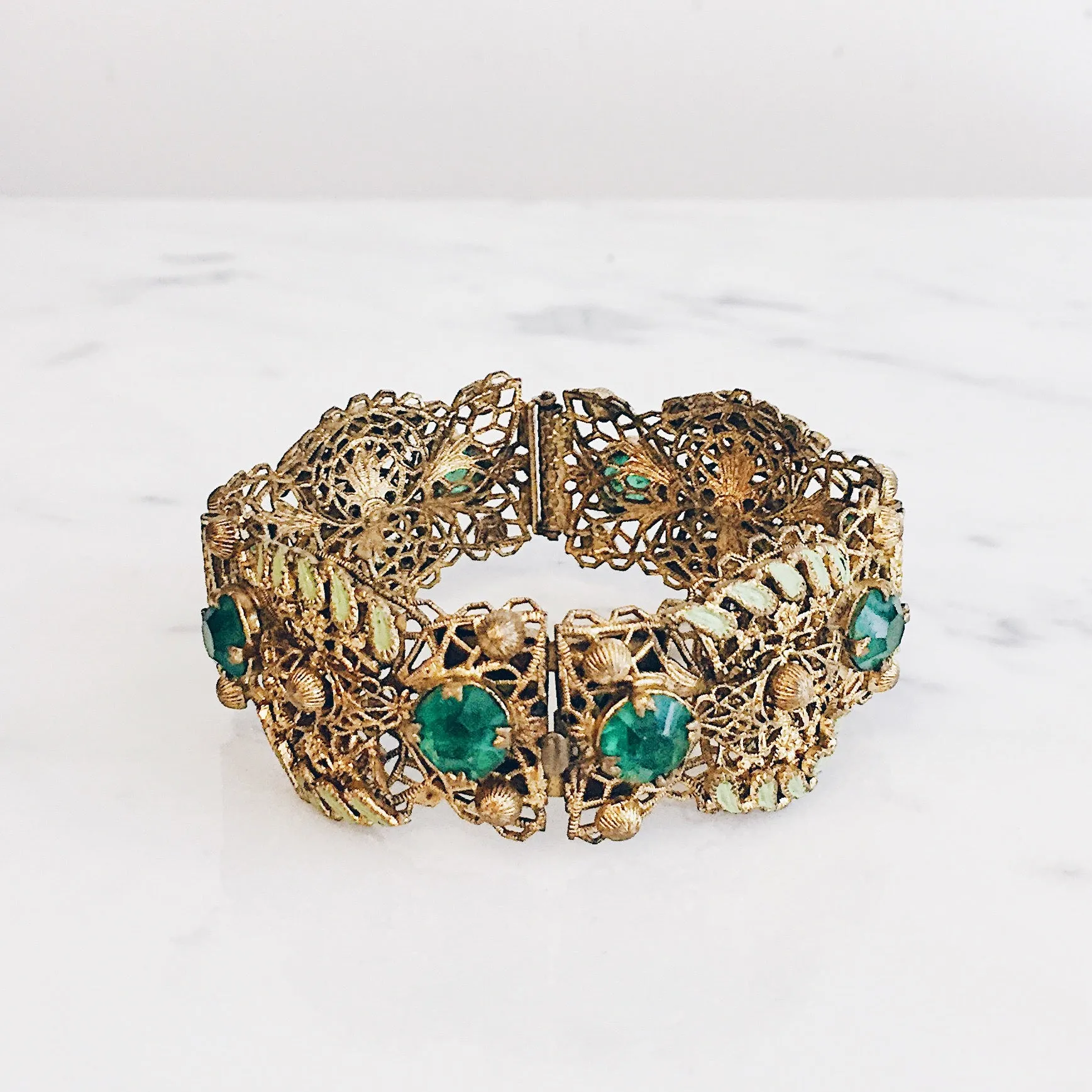 Antique Czech Goldtone Green Crystal Leaf Filigree Bracelet