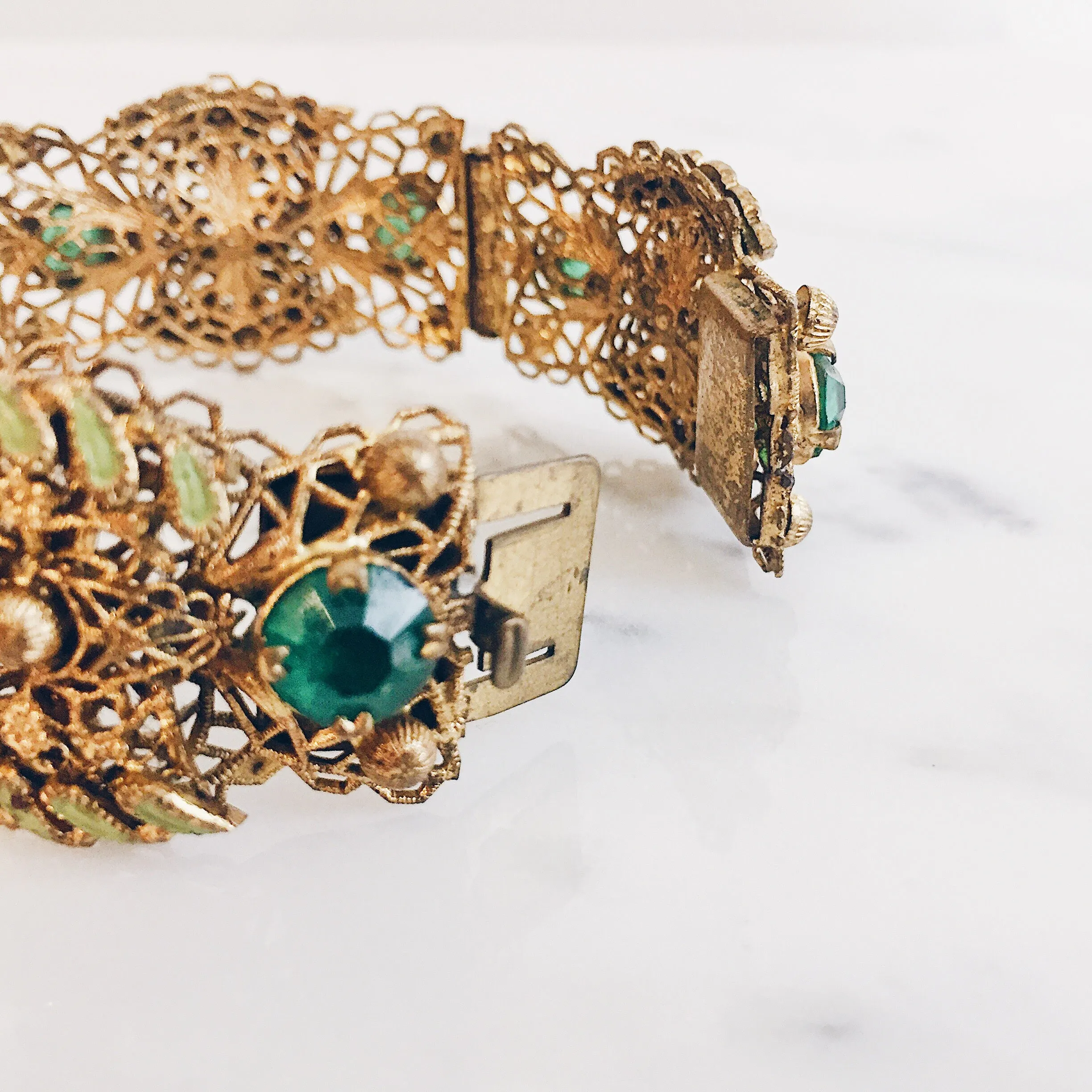 Antique Czech Goldtone Green Crystal Leaf Filigree Bracelet