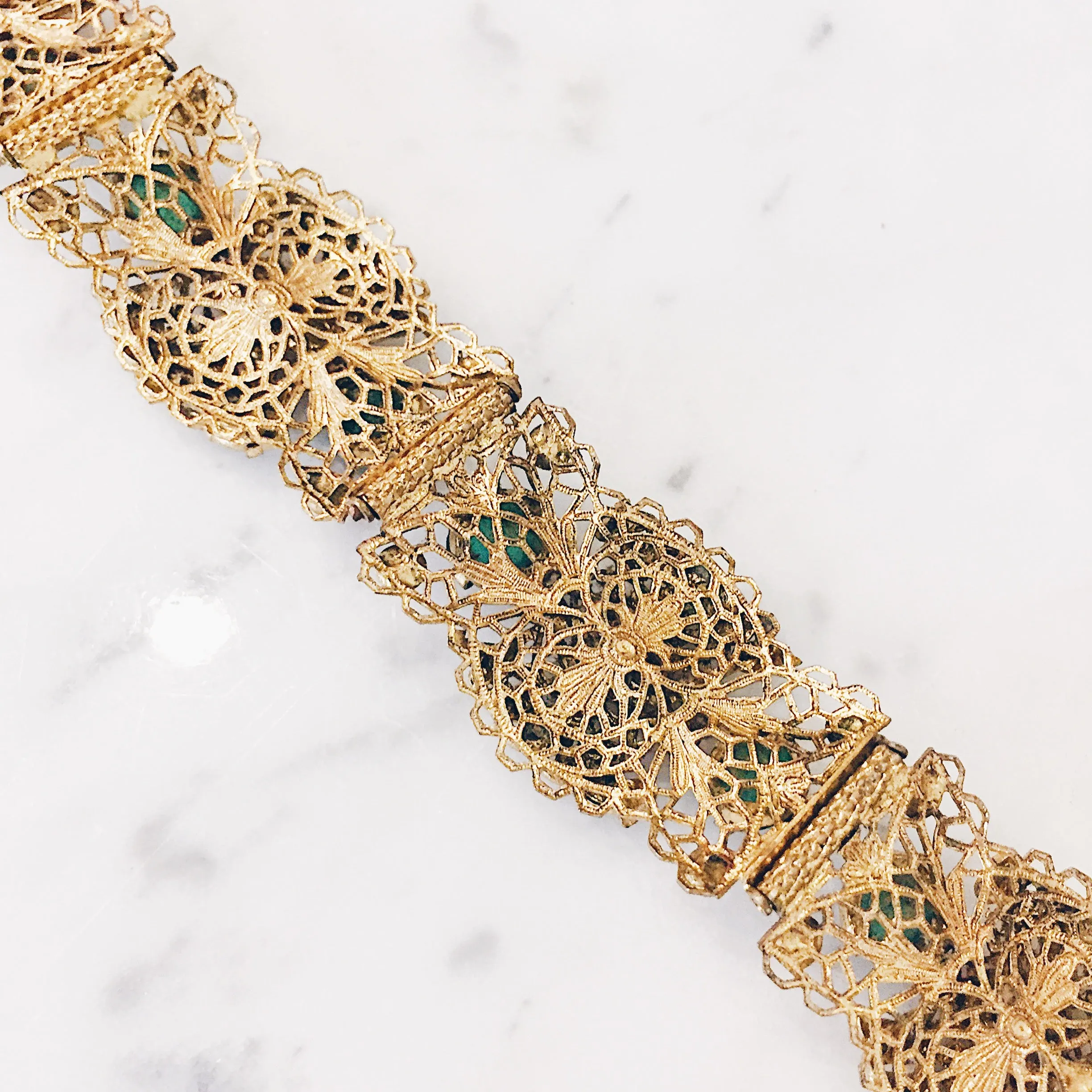 Antique Czech Goldtone Green Crystal Leaf Filigree Bracelet