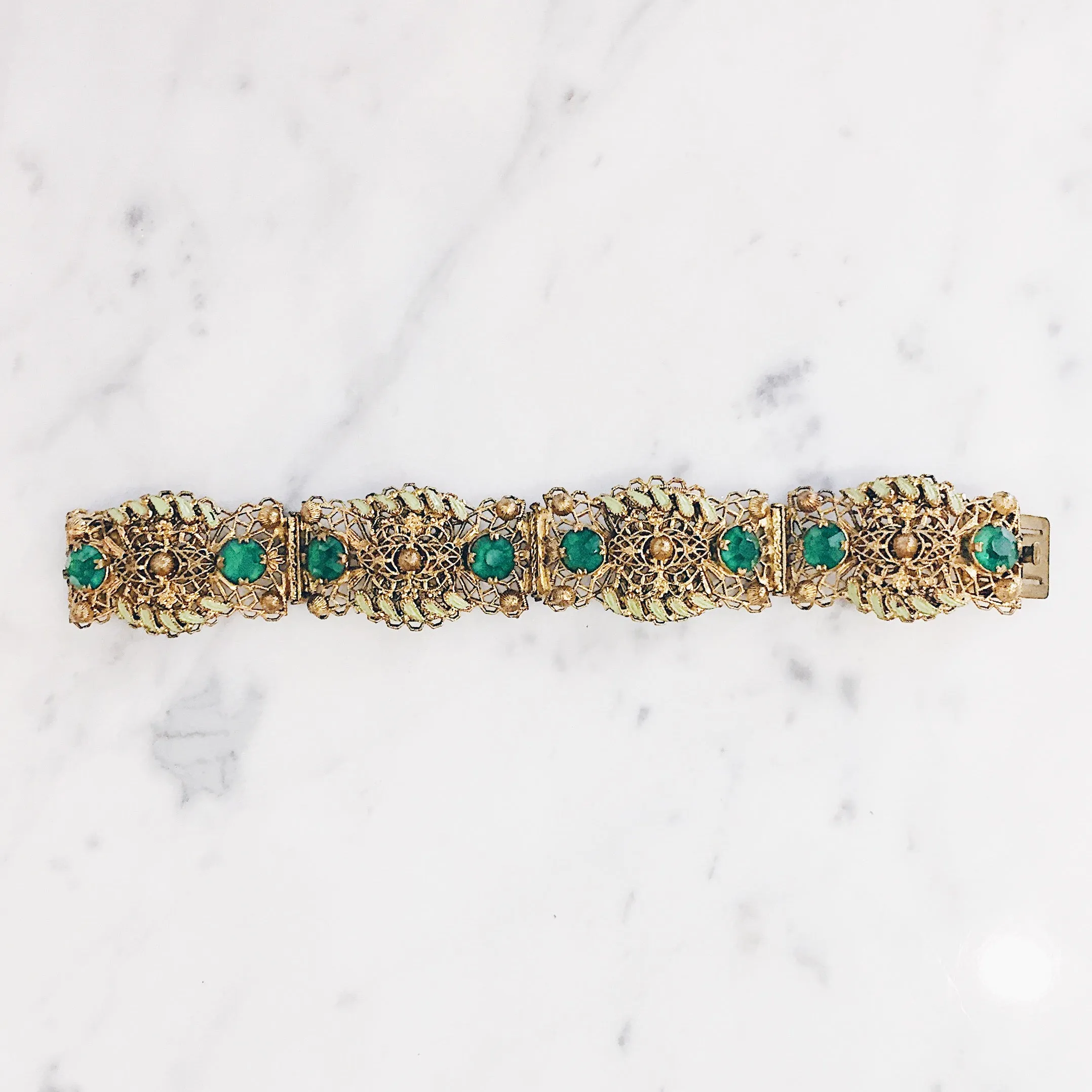 Antique Czech Goldtone Green Crystal Leaf Filigree Bracelet