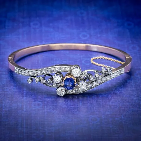 Antique French Sapphire Diamond Bangle 18Ct Gold Circa 1910 Boxed