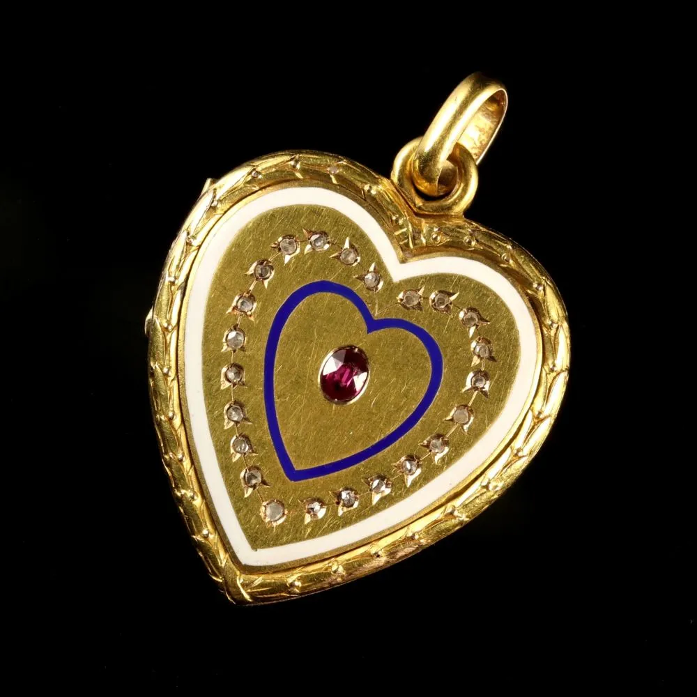 Antique Georgian Diamond Ruby 18Ct Gold Heart Locket Pendant