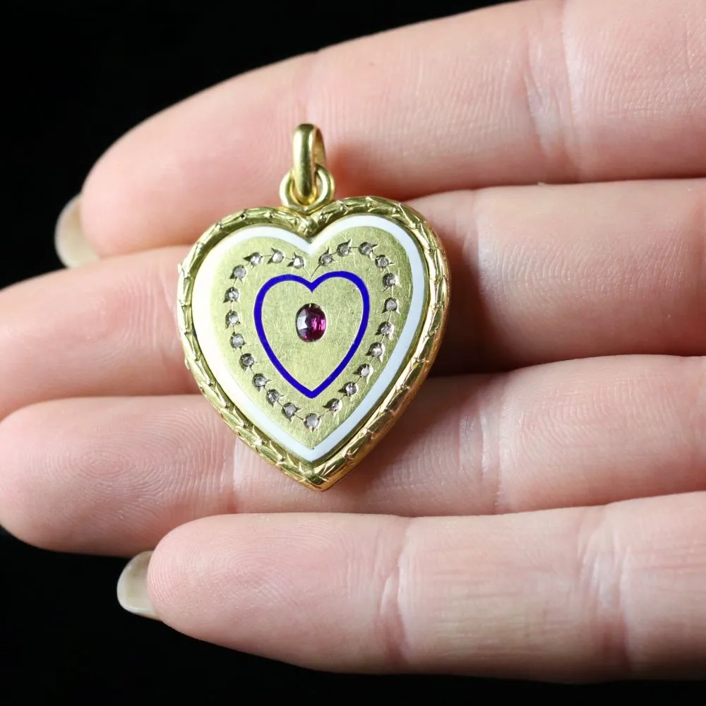 Antique Georgian Diamond Ruby 18Ct Gold Heart Locket Pendant