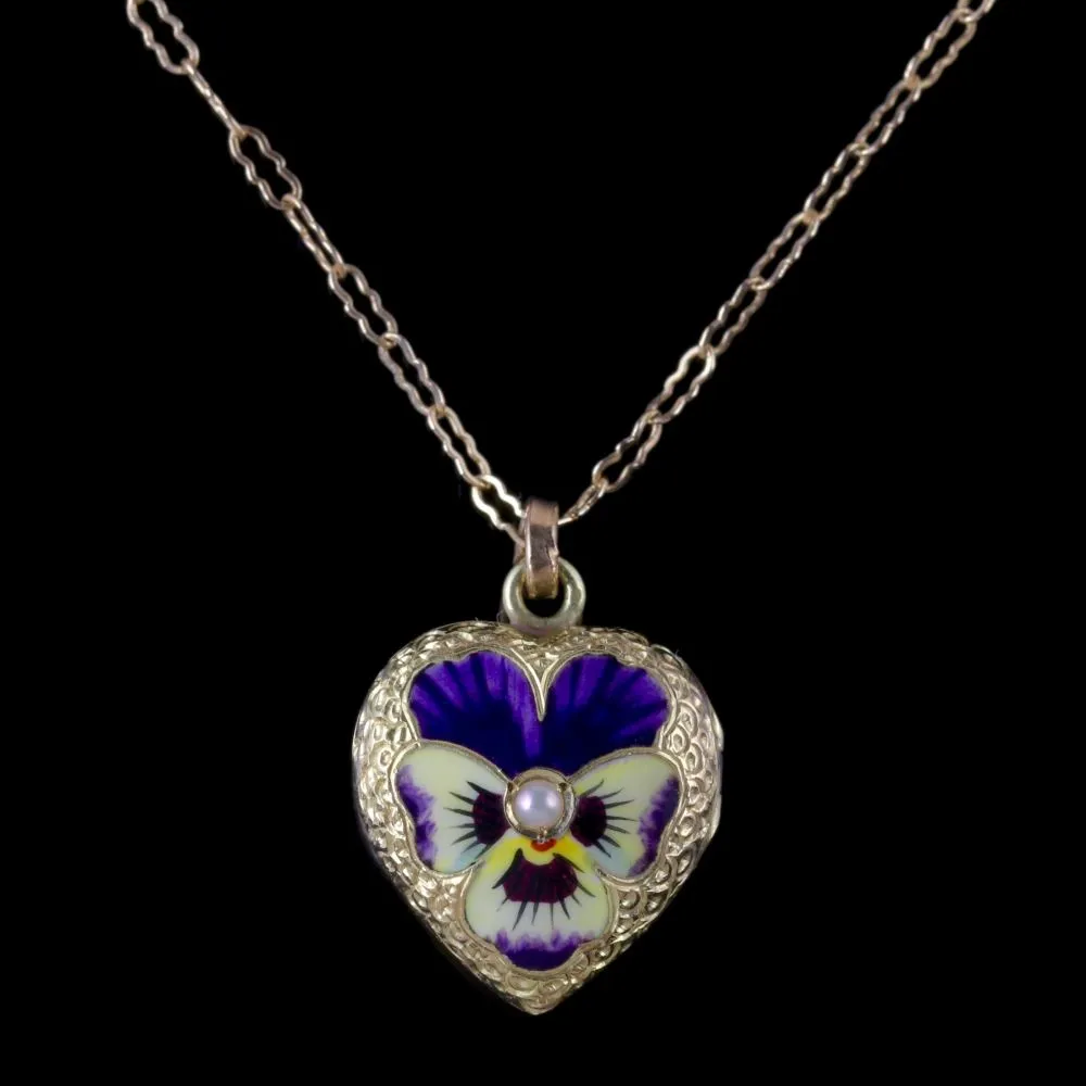 Antique Victorian Locket Necklace Pansy Heart 15Ct Gold Circa 1900