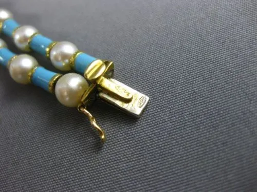 ANTIQUE WIDE & LONG AAA SOUTH SEA PEARL & BLUE ENAMEL 18KT YELLOW GOLD BRACELET