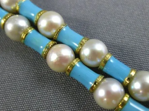 ANTIQUE WIDE & LONG AAA SOUTH SEA PEARL & BLUE ENAMEL 18KT YELLOW GOLD BRACELET