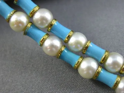 ANTIQUE WIDE & LONG AAA SOUTH SEA PEARL & BLUE ENAMEL 18KT YELLOW GOLD BRACELET