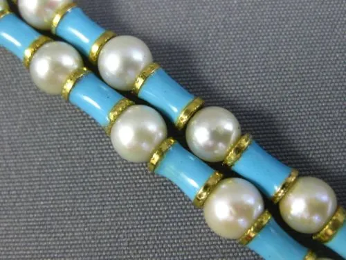 ANTIQUE WIDE & LONG AAA SOUTH SEA PEARL & BLUE ENAMEL 18KT YELLOW GOLD BRACELET