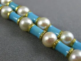 ANTIQUE WIDE & LONG AAA SOUTH SEA PEARL & BLUE ENAMEL 18KT YELLOW GOLD BRACELET