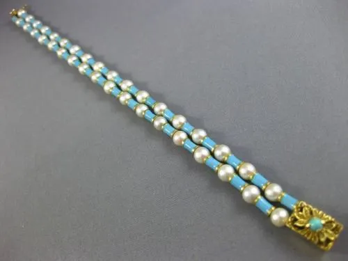 ANTIQUE WIDE & LONG AAA SOUTH SEA PEARL & BLUE ENAMEL 18KT YELLOW GOLD BRACELET