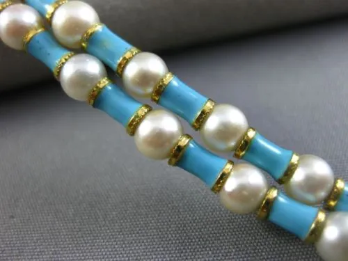 ANTIQUE WIDE & LONG AAA SOUTH SEA PEARL & BLUE ENAMEL 18KT YELLOW GOLD BRACELET