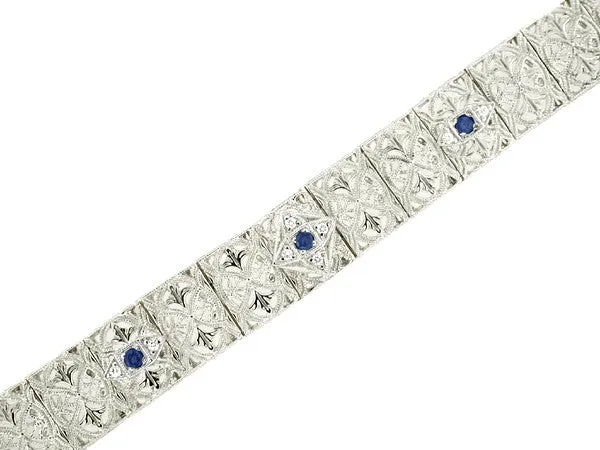 Art Deco Filigree Sapphire and Diamond Set Bracelet in 14 Karat White Gold