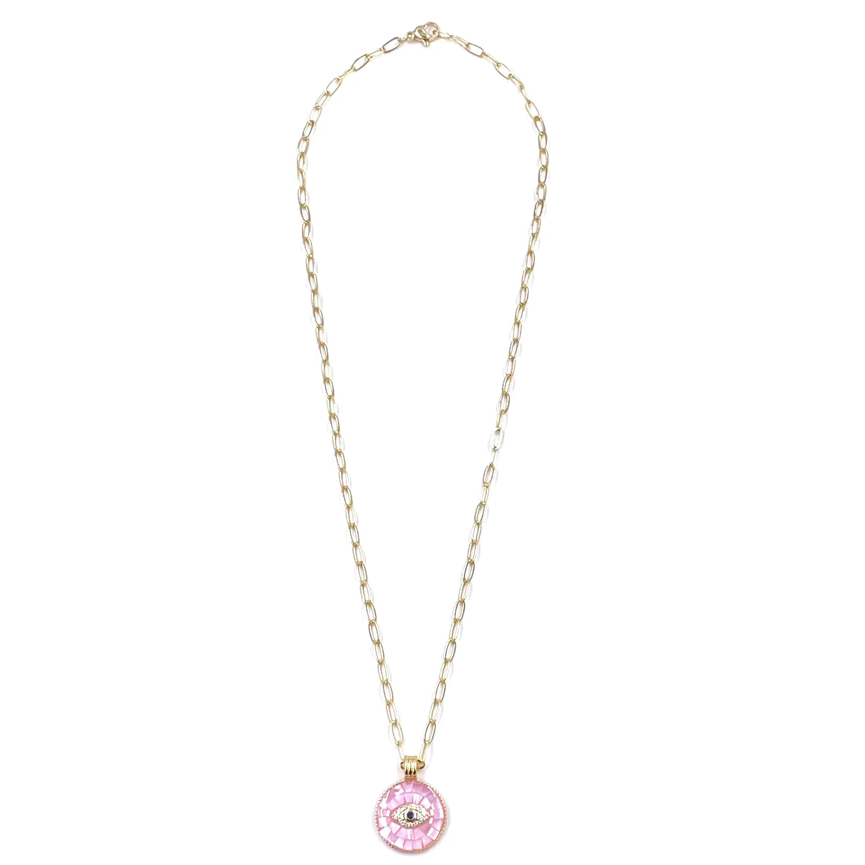 Ashley Gold Stainless Steel Gold Plated Pink Opal Disc Evil Eye Necklace