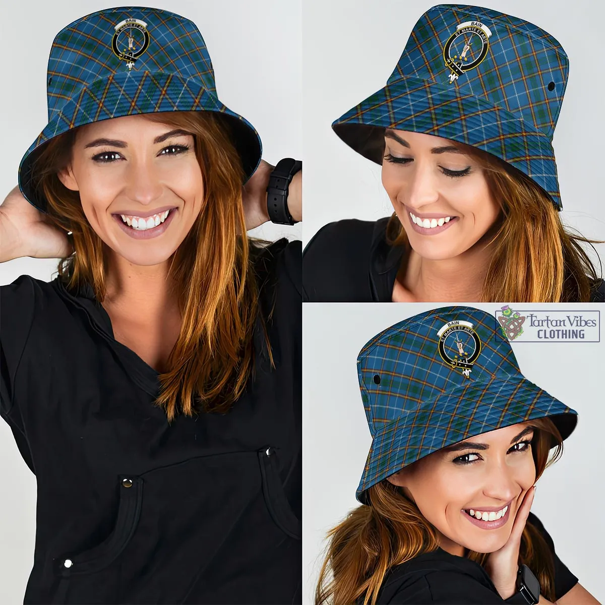 Bain Tartan Bucket Hat with Family Crest