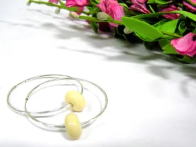 Beige Beaded Sterling Silver Hoop Earrings