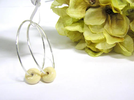 Beige Beaded Sterling Silver Hoop Earrings