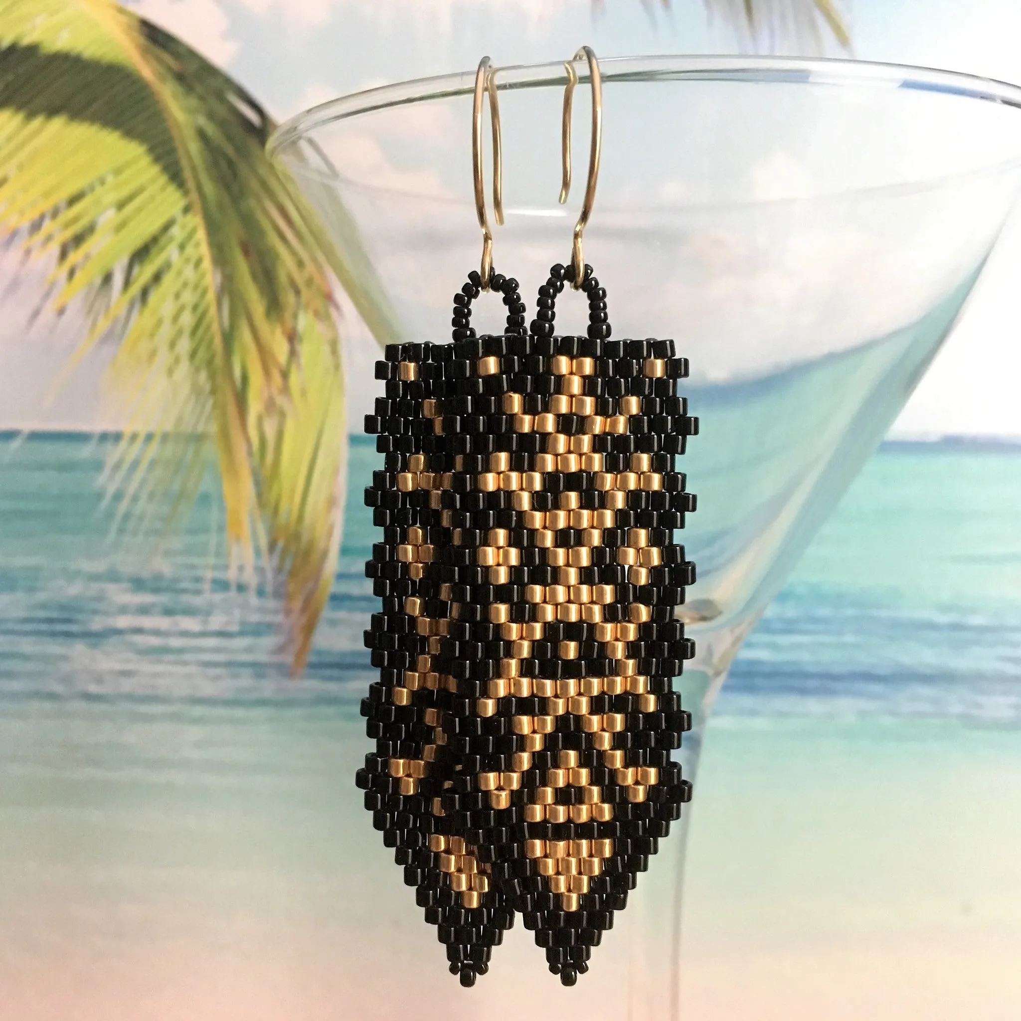 Black and Gold Long Beaded Earrings