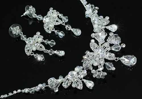 Bridal Wedding Prom Handmade Crystal Silver Plated Necklace Earrings Set XS1212