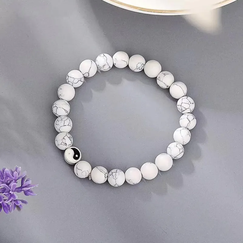 Buddha Stones 3pcs Natural White Turquoise Frosted Stone Bead Yin Yang Wealth Bracelet