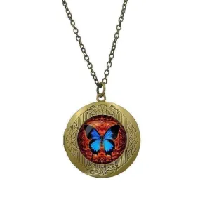 Butterfly Glass Cabochon Antique Locket Necklace - Orange on Blue