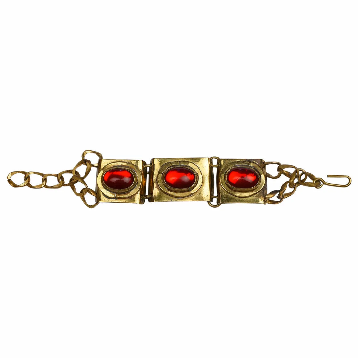 Canadian Modernist Rafael Alfandary Brass Bracelet wi Red Murano Glass Cabochons