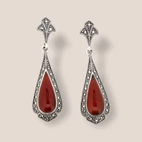 Carnelian Earrings Red Agate Silver Marcasite