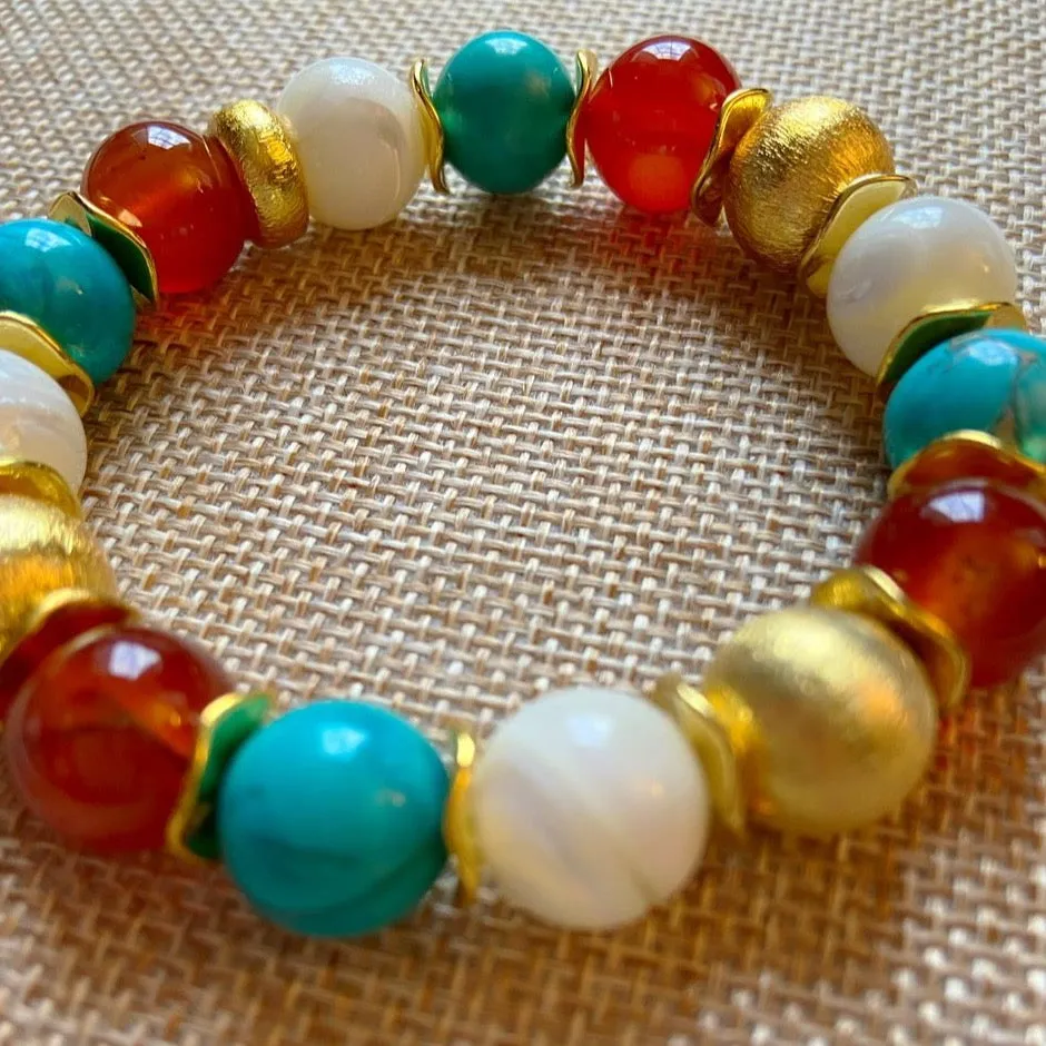 Carnelian, Turquoise & Mother of Pearl Gemstone Bracelet