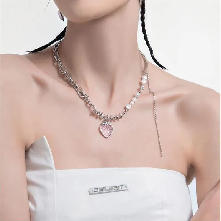 Chic Pink Strawberry Pendant Pearl Chain Choker Necklace