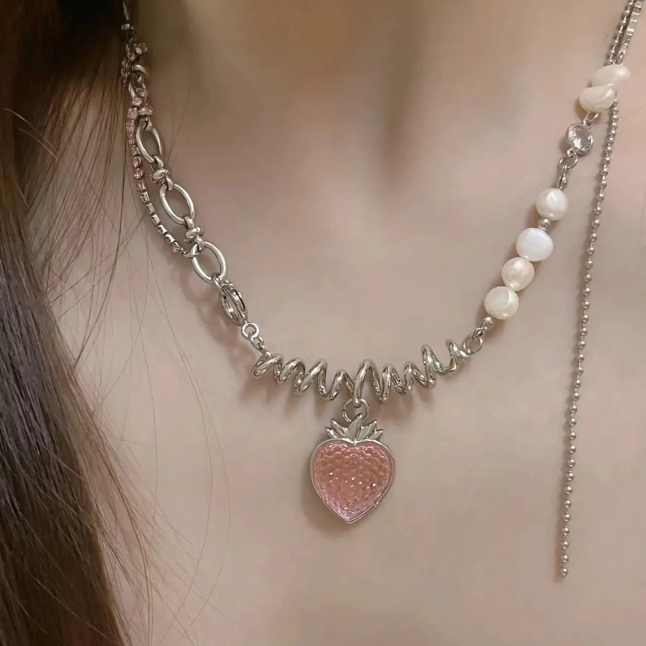 Chic Pink Strawberry Pendant Pearl Chain Choker Necklace