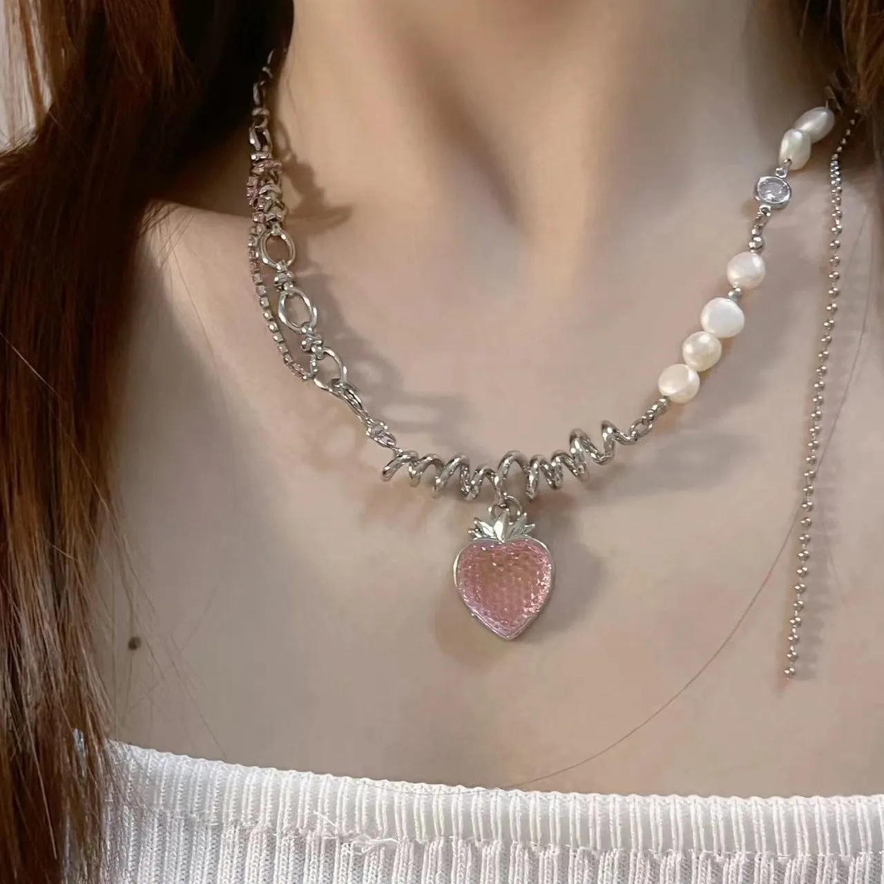 Chic Pink Strawberry Pendant Pearl Chain Choker Necklace