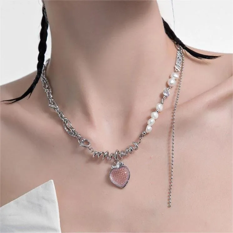 Chic Pink Strawberry Pendant Pearl Chain Choker Necklace