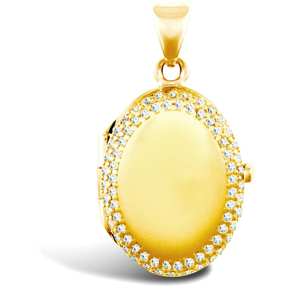 CZ Oval Shaped Locket Pendant Necklace in 9ct Yellow Gold