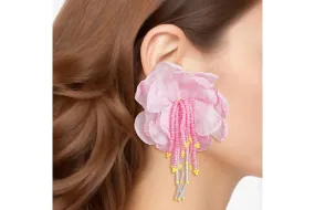 Drop Pink Fabric Flower Bead Earrings for Women