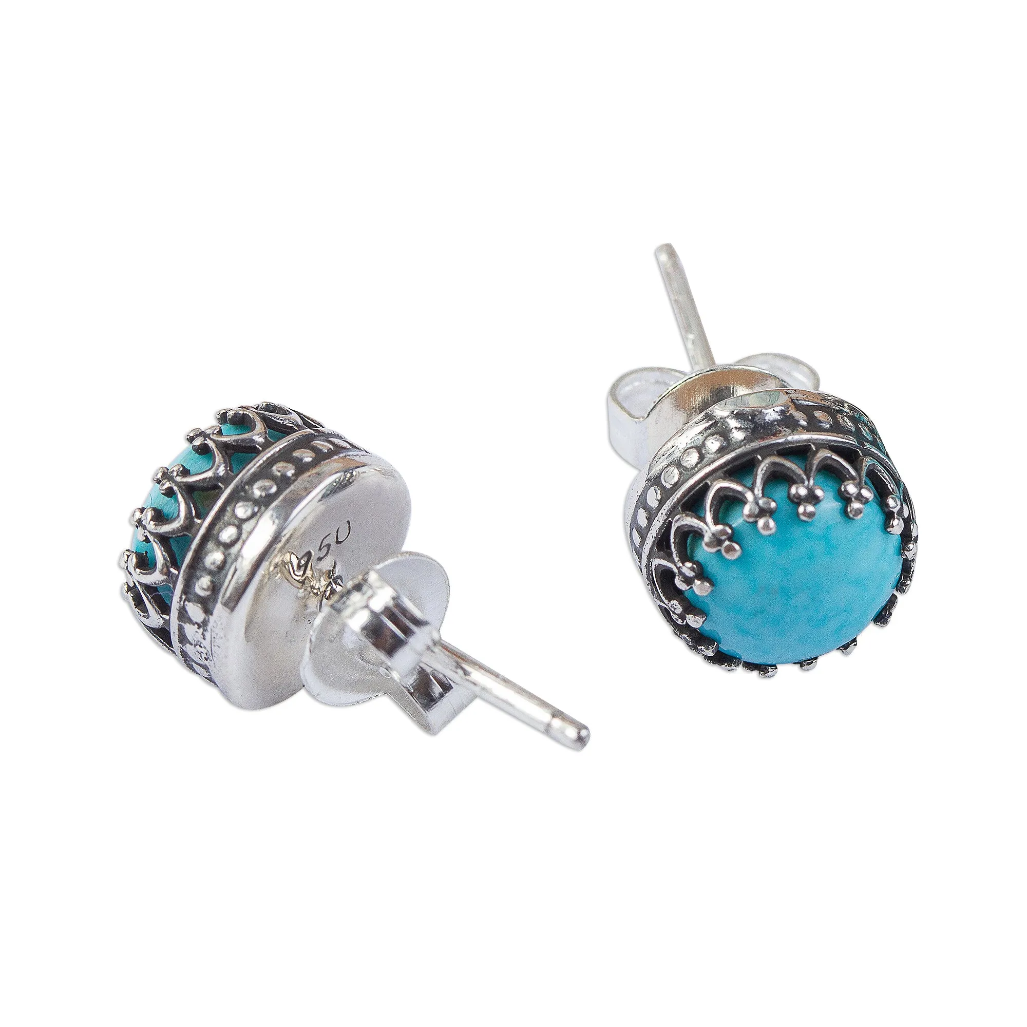 Elegant Fretwork Natural Turquoise and Taxco Silver Stud Earrings