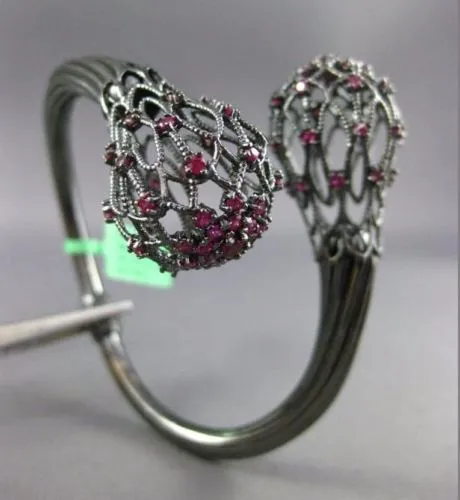 ESTATE EXTRA LARGE .80CT RUBY 18KT BLACK GOLD 3D FLORAL FILIGREE BANGLE BRACELET