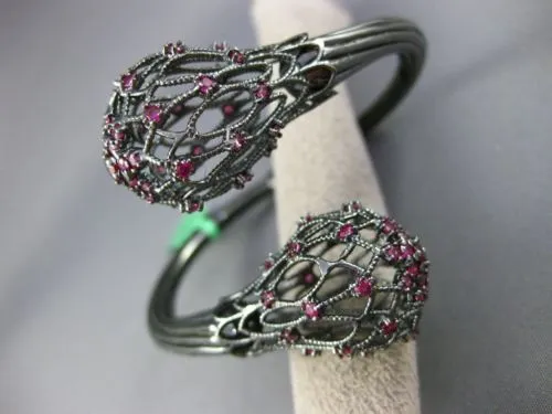 ESTATE EXTRA LARGE .80CT RUBY 18KT BLACK GOLD 3D FLORAL FILIGREE BANGLE BRACELET