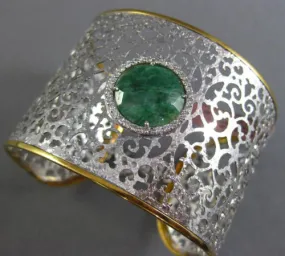 ESTATE LARGE 6.46CT DIAMOND & AAA GREEN AGATE 14KT 2 TONE GOLD BANGLE BRACELET