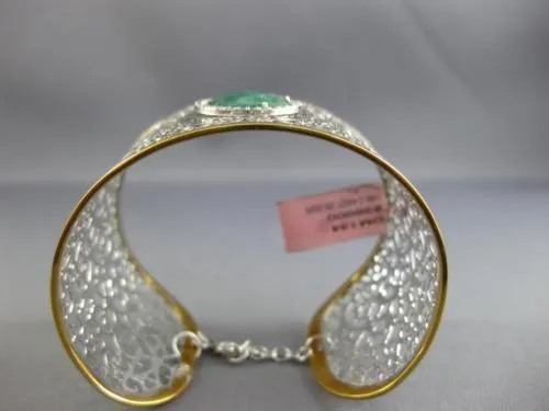 ESTATE LARGE 6.46CT DIAMOND & AAA GREEN AGATE 14KT 2 TONE GOLD BANGLE BRACELET